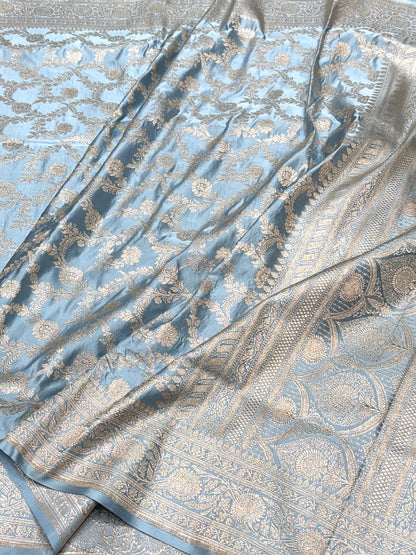 Bluish Grey Handwoven Vintage Pure Banarasi Satin Silk Saree