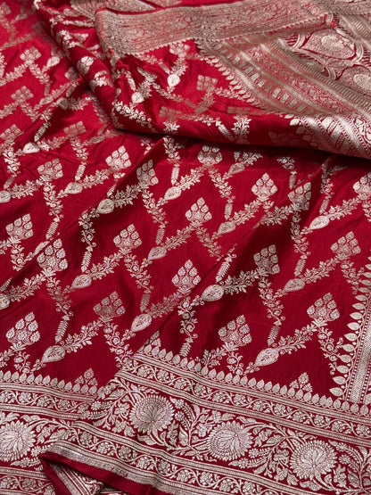 Red Handwoven Vintage Pure Banarasi Satin Silk Saree