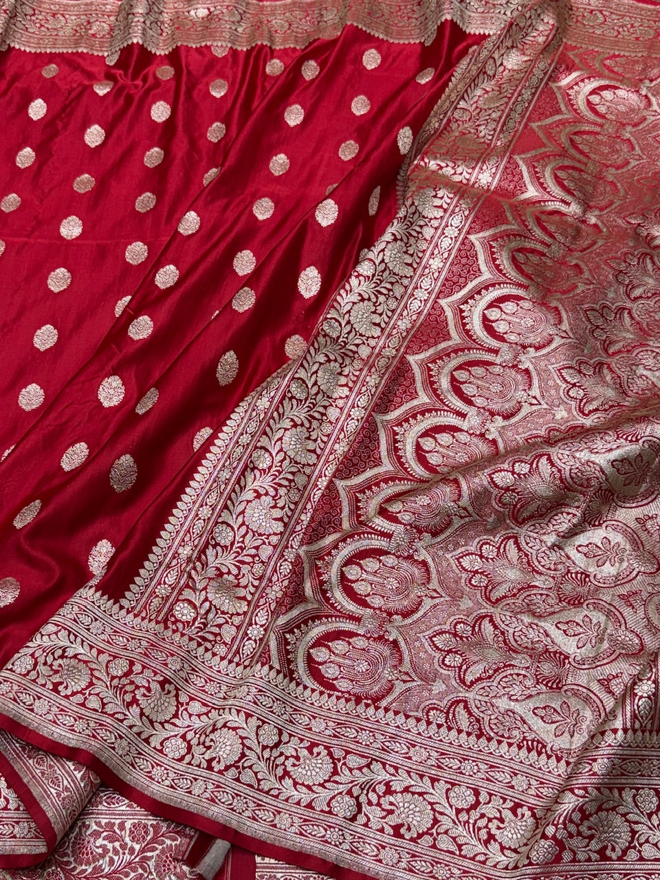Red Handwoven Vintage Pure Banarasi Satin Silk Saree