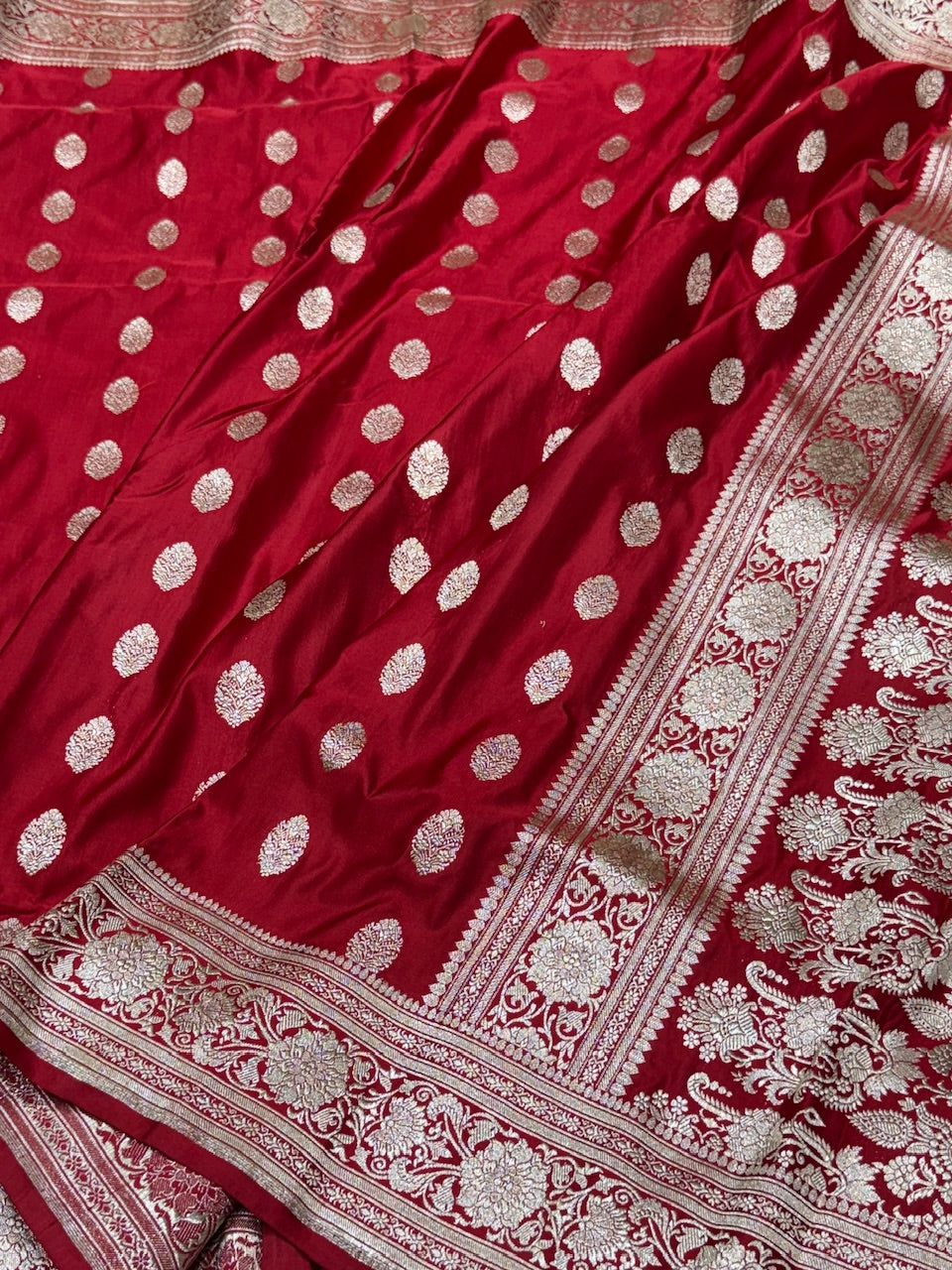 Red Handwoven Vintage Pure Banarasi Satin Silk Saree