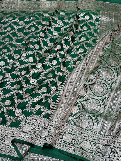 Bottle Green Handwoven Vintage Pure Banarasi Satin Silk Saree