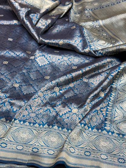 German Blue Handwoven Pure Silk Brocade Saree