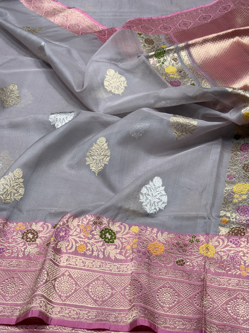 Grey Handwoven Pure Banarasi Organza Saree