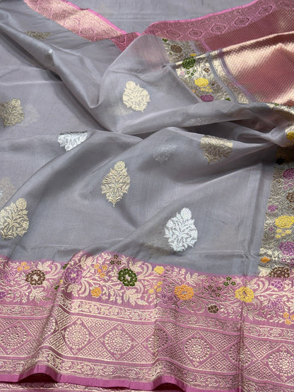 Grey Handwoven Pure Banarasi Organza Saree