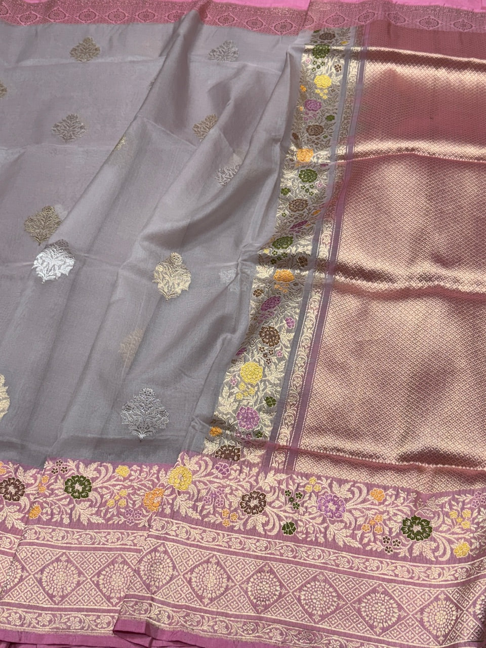 Grey Handwoven Pure Banarasi Organza Saree