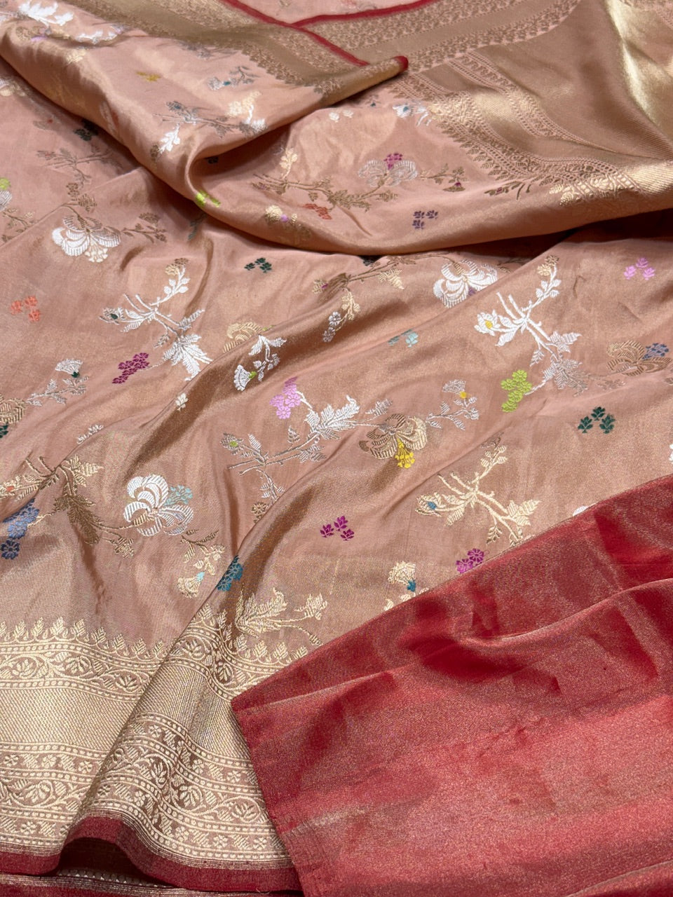 Peach Handwoven Pure Banarasi Tissue Silk Saree