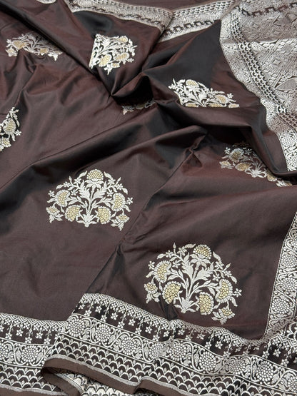 Dark Chocolate Ektara Handwoven Pure Banarasi Silk Saree