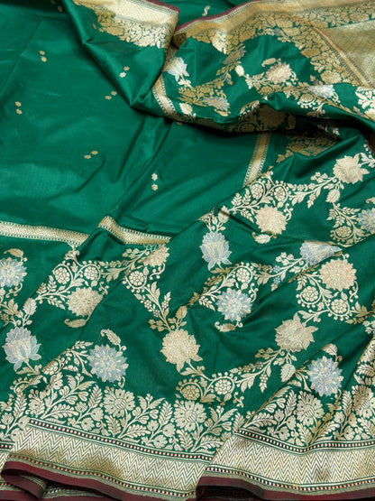 Bottle Green Handwoven Pure Banarasi Silk Saree