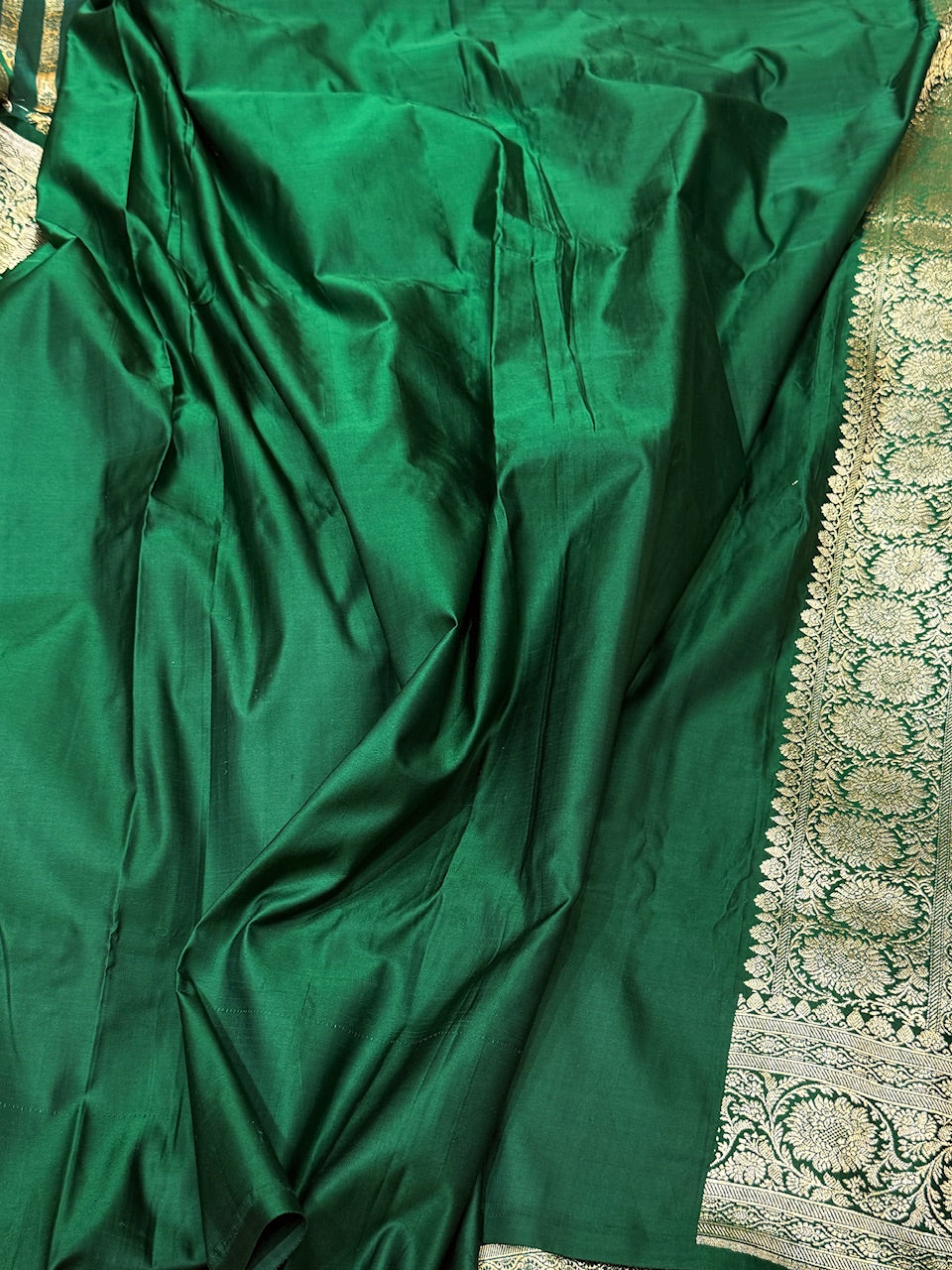 Bottle Green Handwoven Pure Banarasi Satin Silk Saree