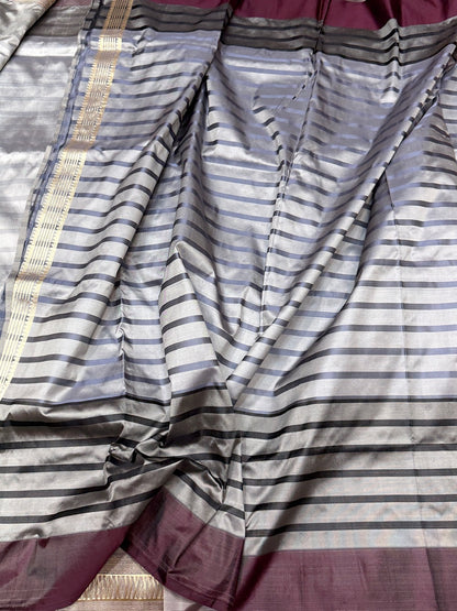 Ash Grey Handwoven Banarasi Pure Satin Tanchoi Silk Saree
