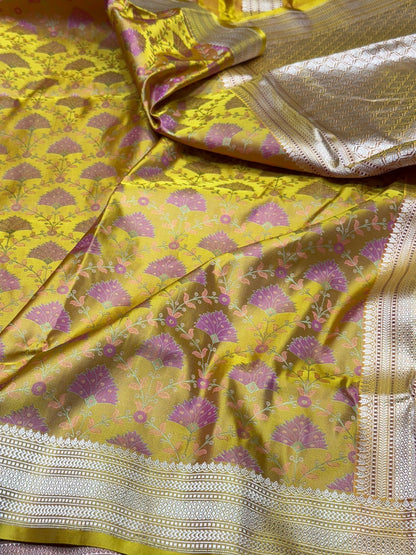Mehndi Yellow Handwoven Pure Banarasi Satin Tanchoi Silk Saree