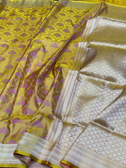 Mehndi Yellow Handwoven Pure Banarasi Satin Tanchoi Silk Saree