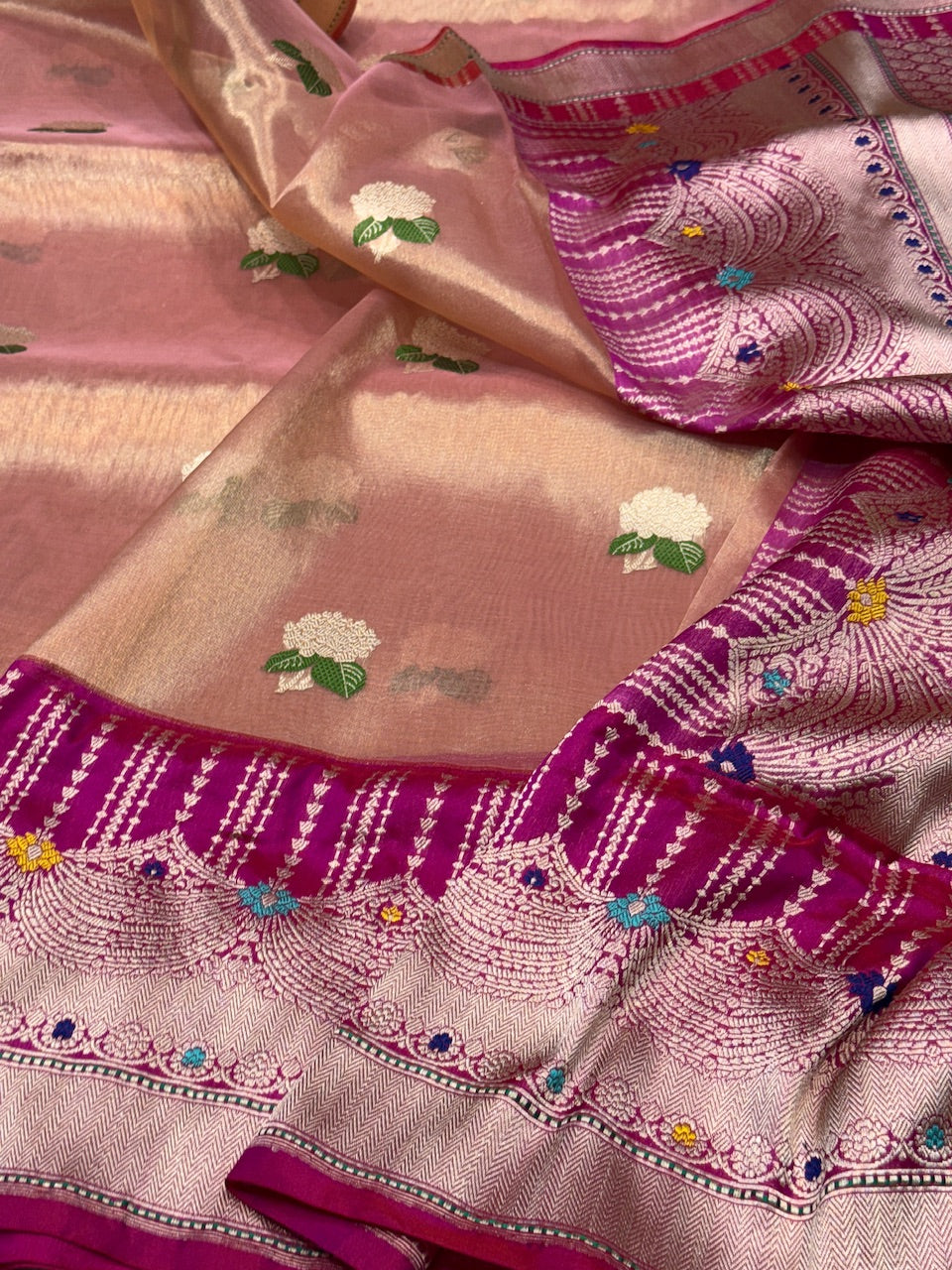 Rose Gold Handwoven Pure Banarasi Tissue Saree