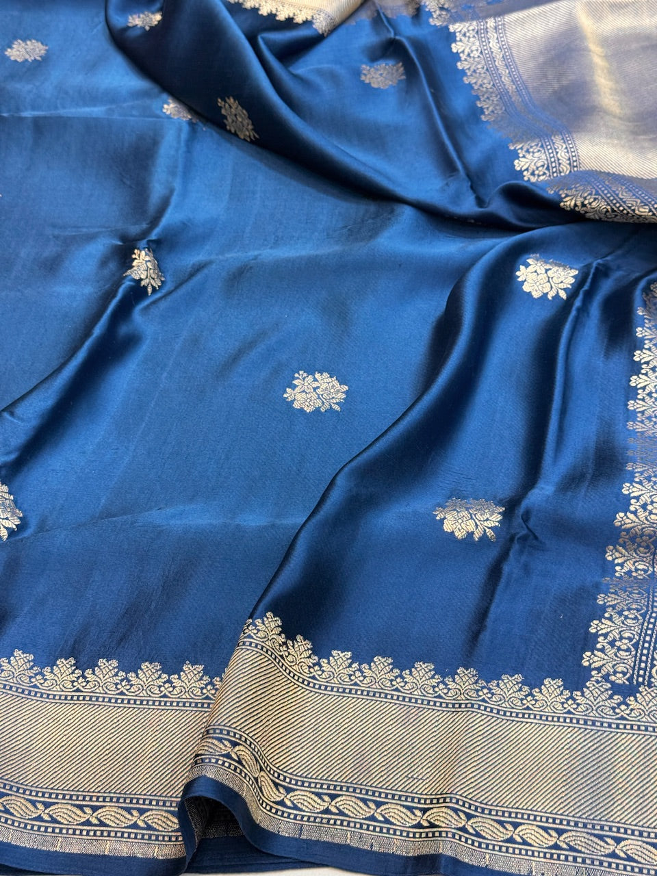 German Blue Handwoven Pure Banarasi Mashru Silk Saree