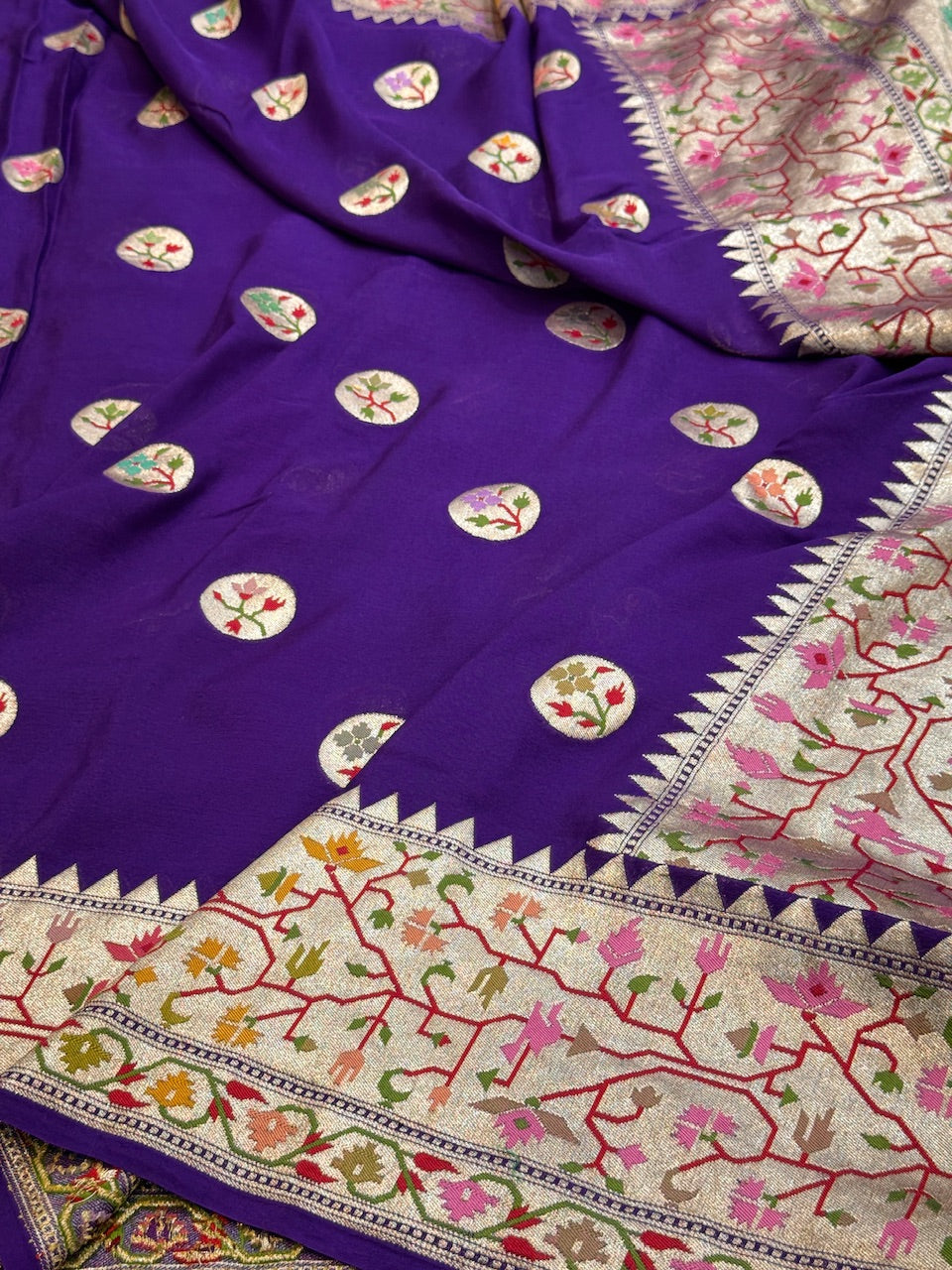 Purple Banarasi Pure Chiffon Georgette Saree