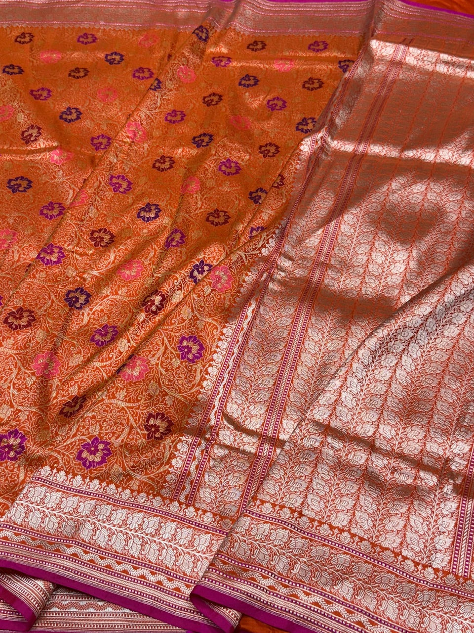 Orange Handwoven Banarasi Pure Silk Brocade Saree