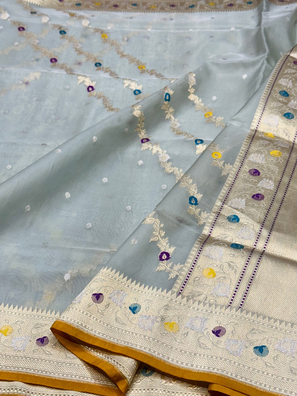 Aqua Blue Handwoven Organza Saree