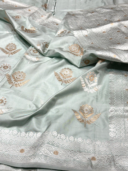 Powder Blue Handwoven Pure Banarasi Silk Saree