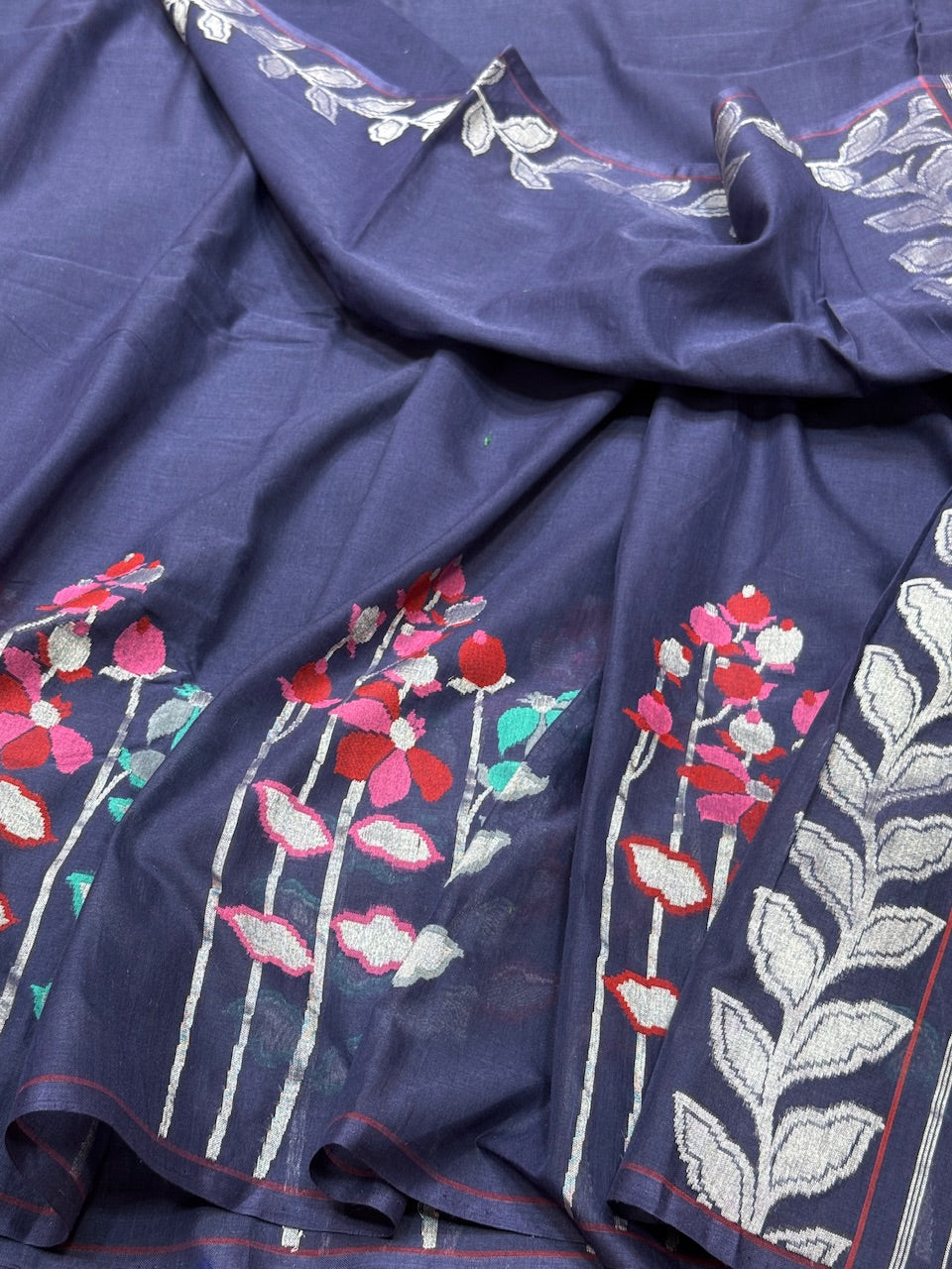 Navy Blue Pure Muslin Cotton Jamdani Saree