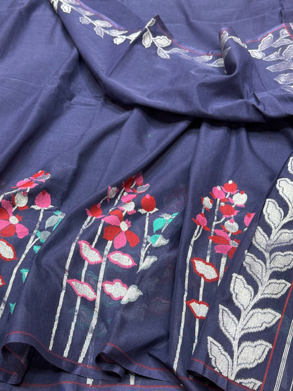 Navy Blue Pure Muslin Cotton Jamdani Saree