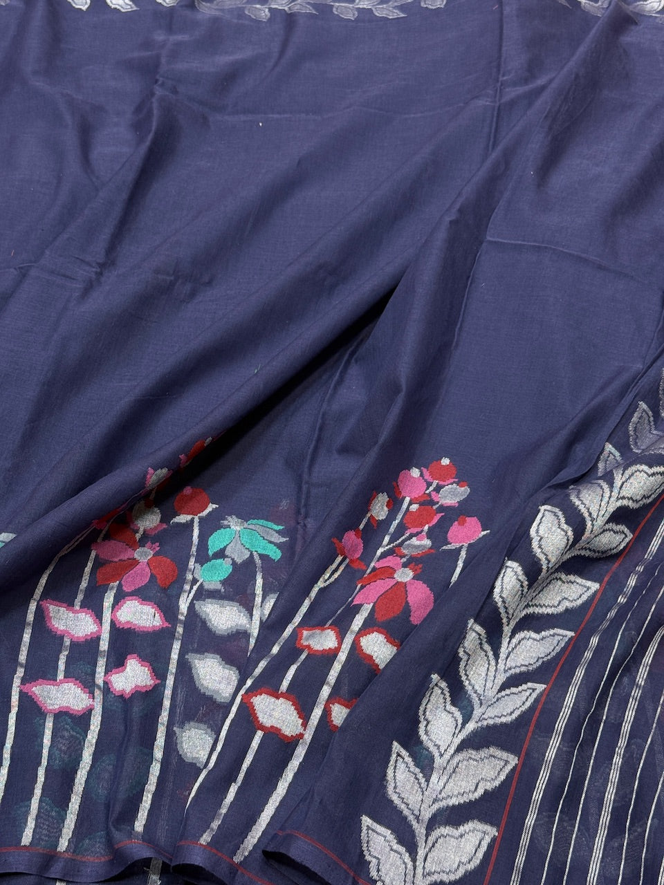 Navy Blue Pure Muslin Cotton Jamdani Saree