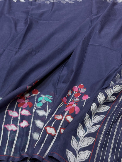 Navy Blue Pure Muslin Cotton Jamdani Saree