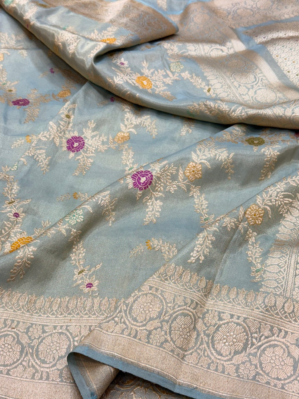 Powder Blue Handwoven Pure Banarasi Tissue Saree