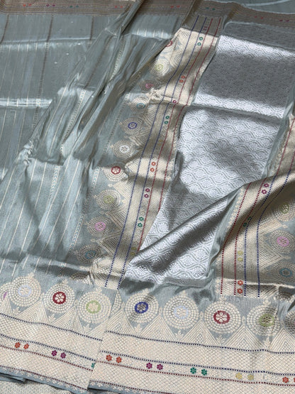 Ash Grey Handwoven Pure Banarasi Tissue Saree