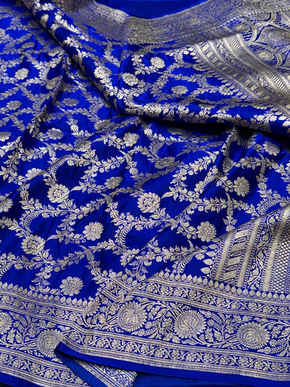 Royal Blue Handwoven Vintage Pure Banarasi Satin Silk Saree