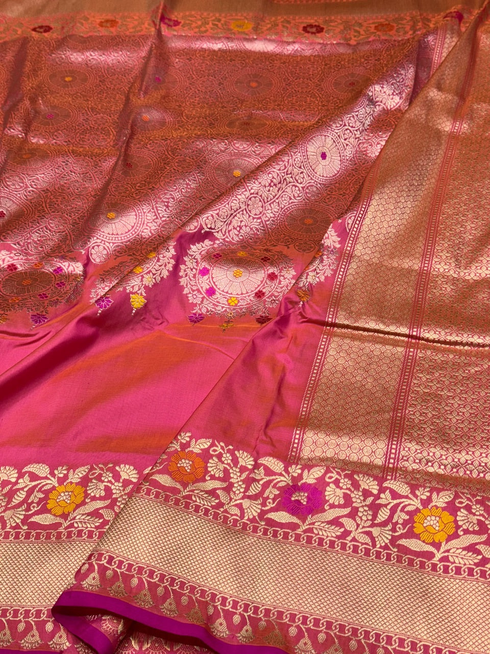 Orangish Pink Handwoven Banarasi Silk Saree