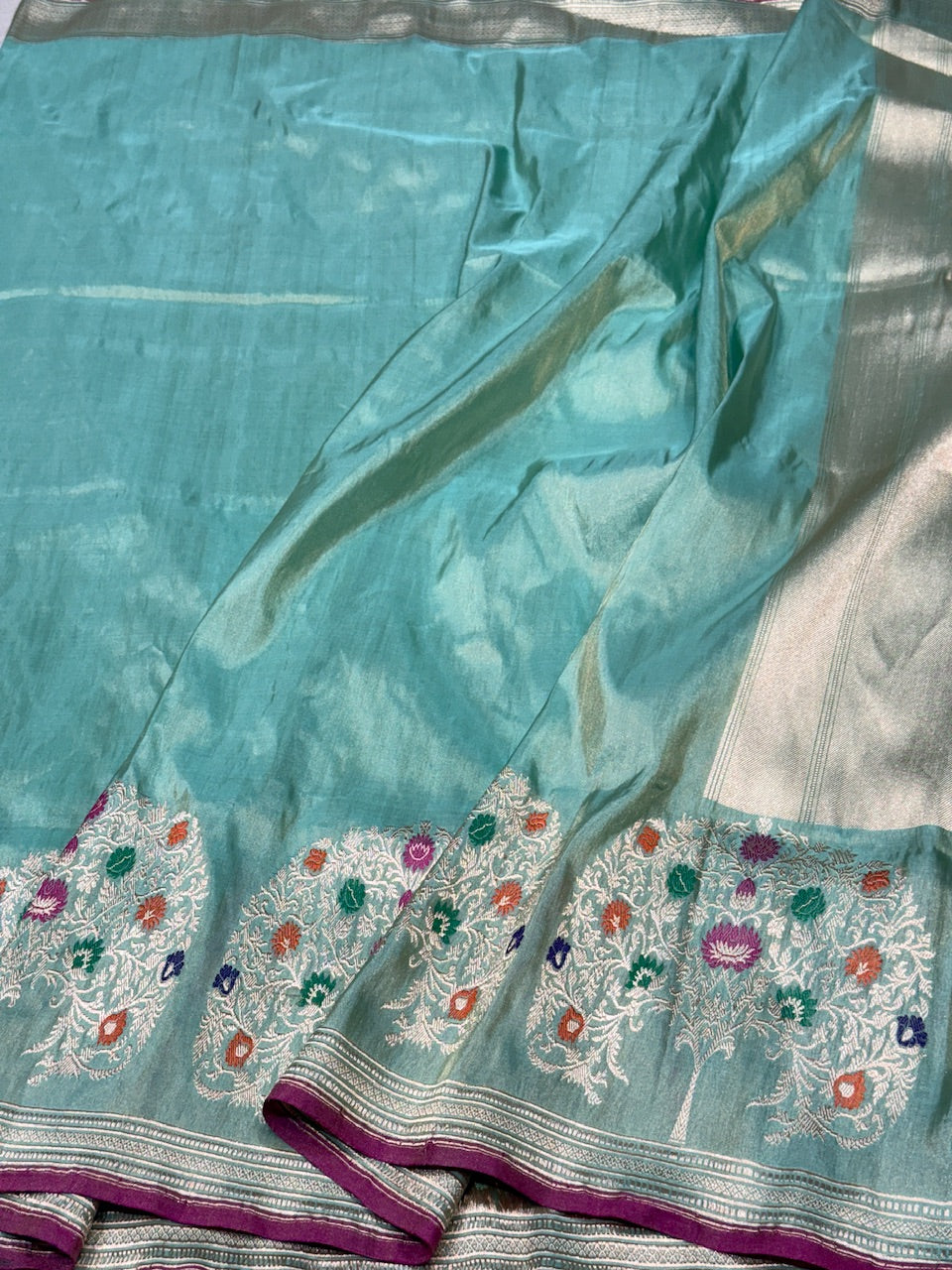 Sea Blue Handwoven Banarasi Pure Tissue Saree