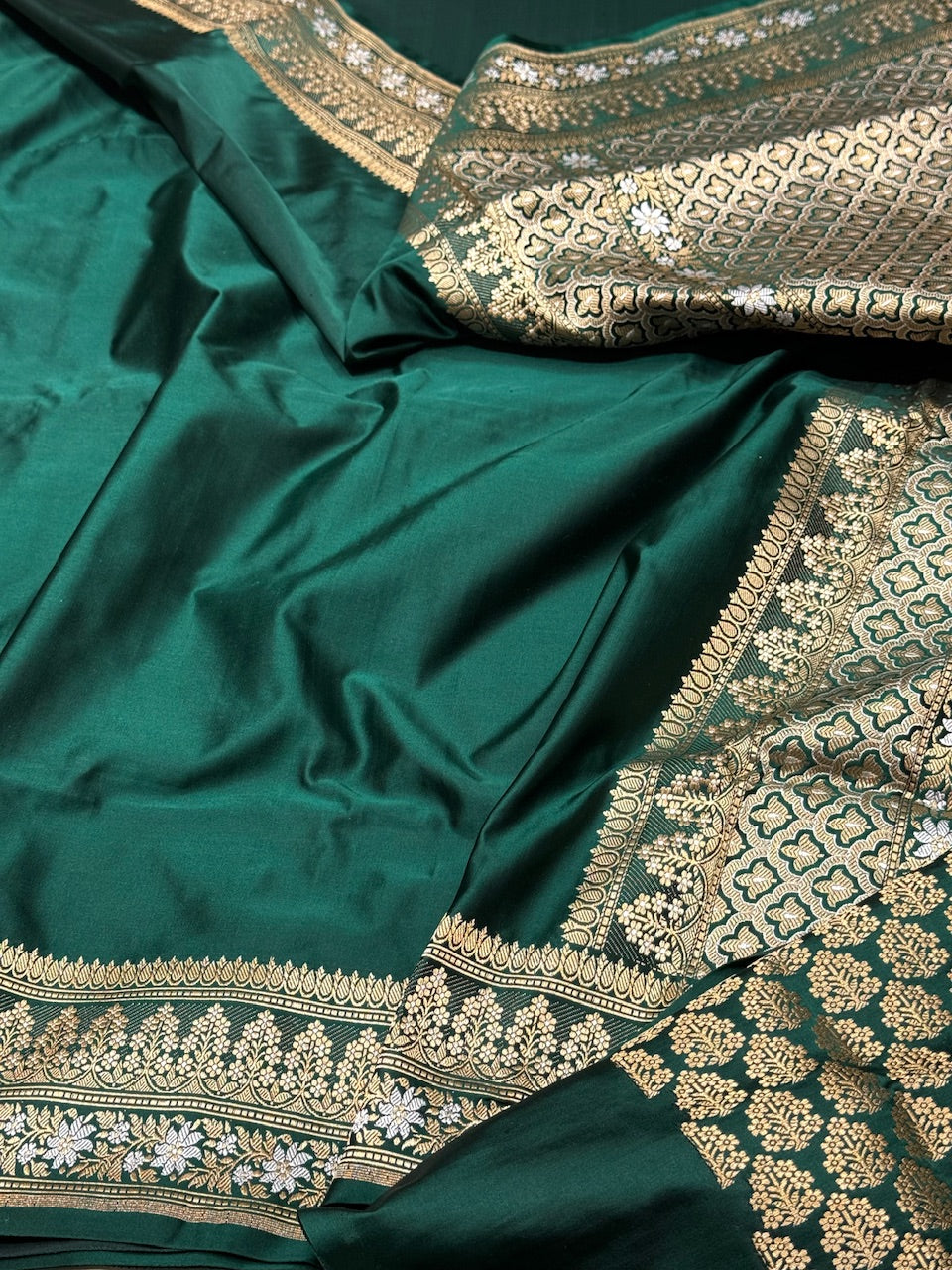 Bottle Green Handwoven Satin Silk Saree