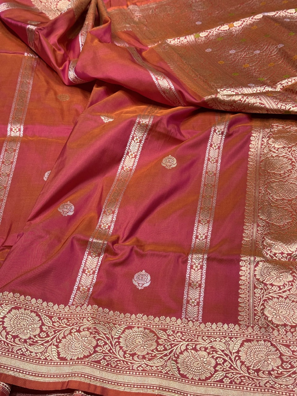 Orangish Pink Handwoven Banarasi Silk Saree