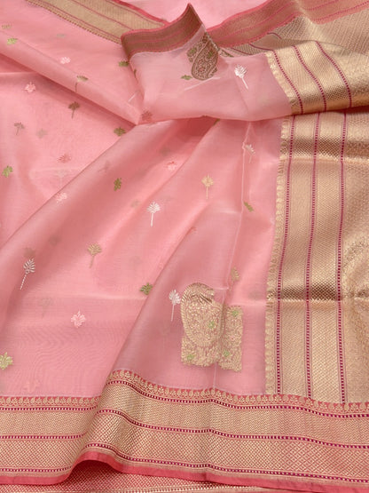 Peach Handwoven Pure Organza Silk Saree