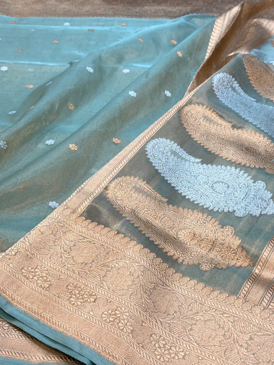 Sea Blue Handwoven Tissue Silk Saree