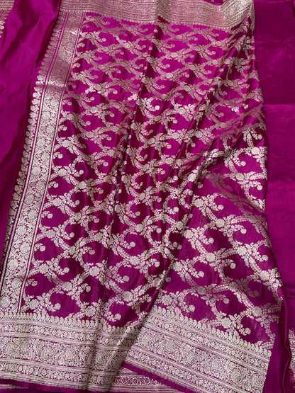 Rani Pink Handwoven Pure Banarasi Satin Silk Saree