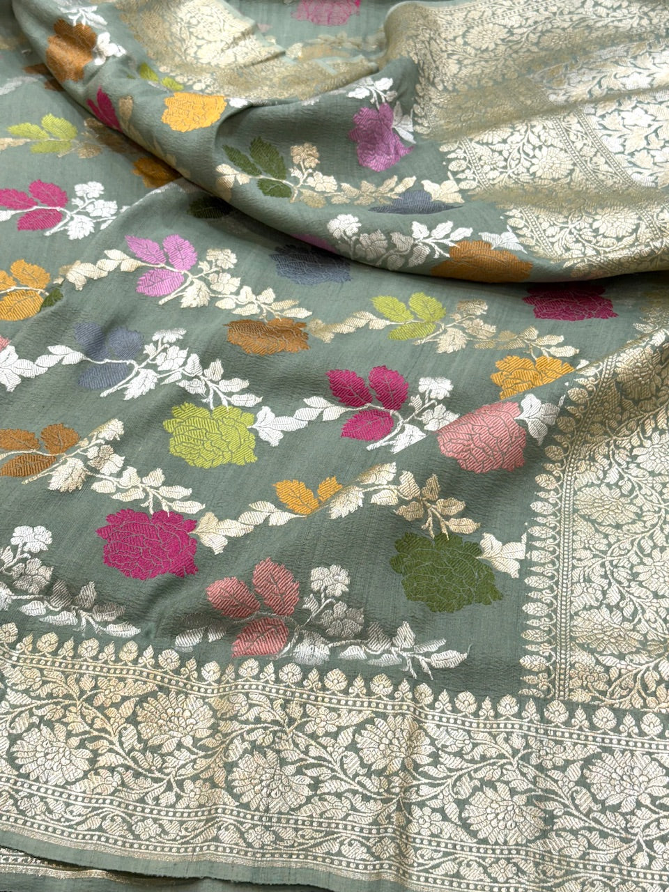 Dusty Olive Handwoven Pure Tussar Georgette Saree
