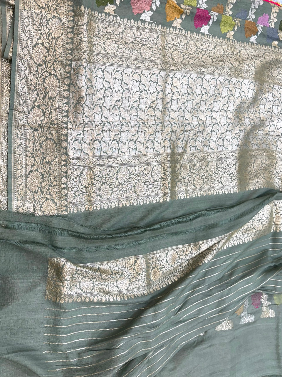 Dusty Olive Handwoven Pure Tussar Georgette Saree