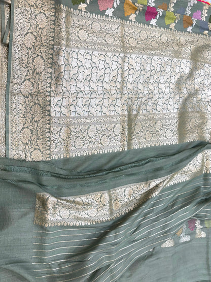 Dusty Olive Handwoven Pure Tussar Georgette Saree