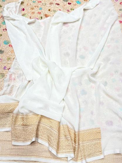 White Handwoven Pure Chiffon Georgette Saree