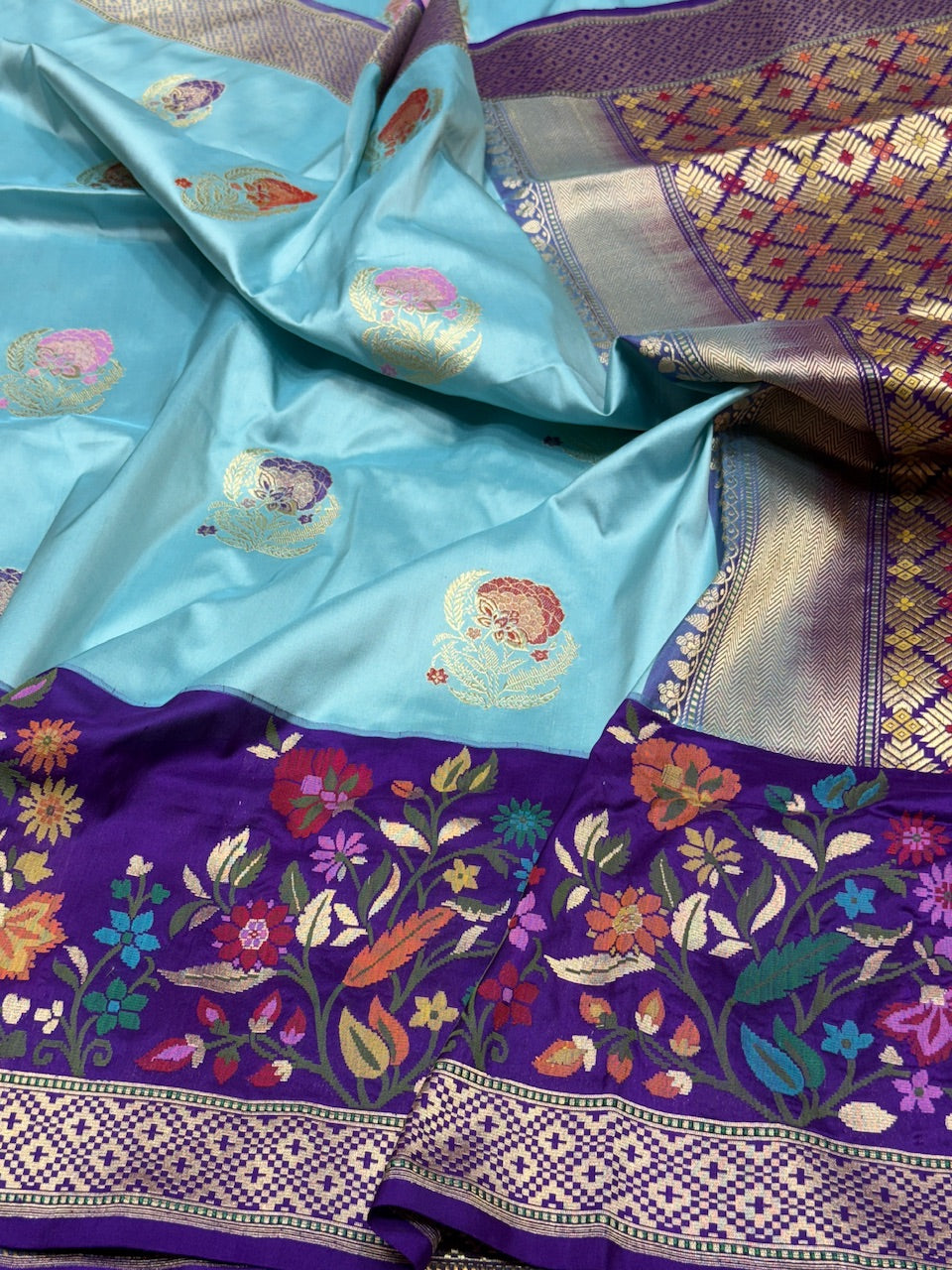 Sky Blue Handwoven Banarasi Pure Katan Silk Saree