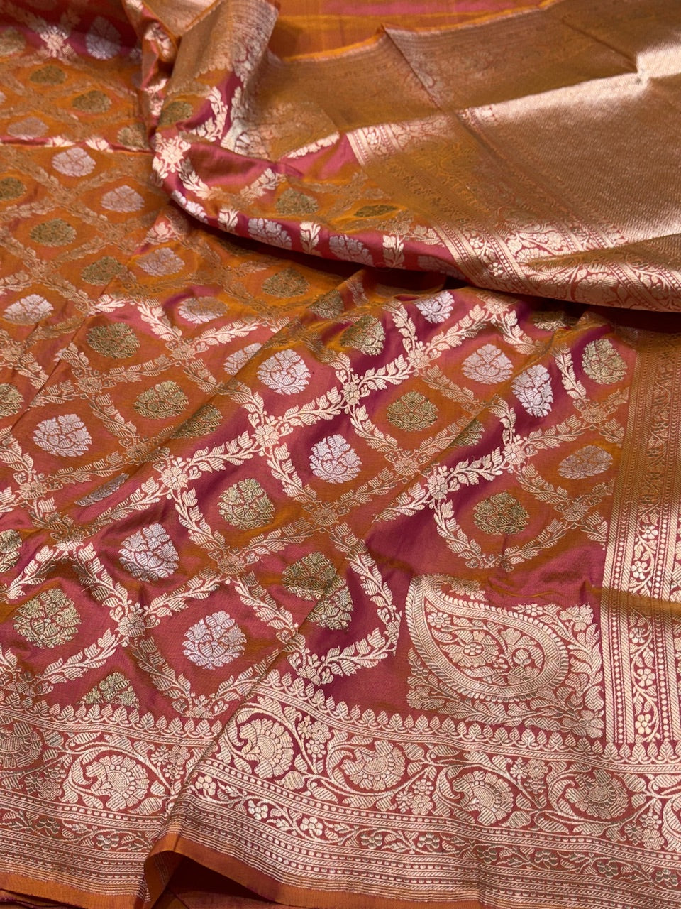 Orangish Pink Handwoven Pure Silk Saree