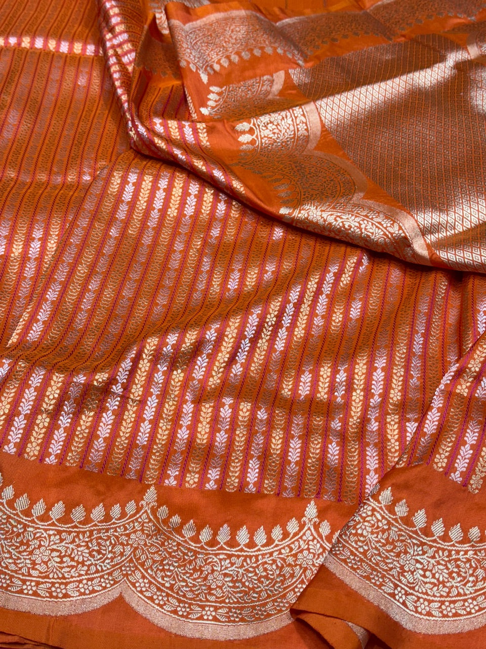 Orange Scallop Border Handwoven Saree