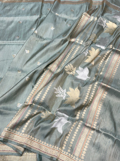 Grey Handwoven Pure Banarasi Ektara Tissue Saree