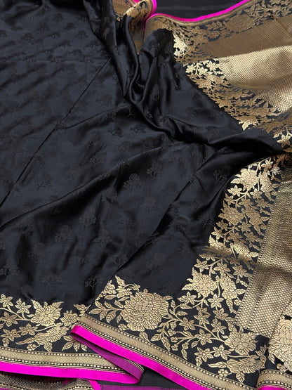 Black Handwoven Pure Banarasi Satin Silk Saree