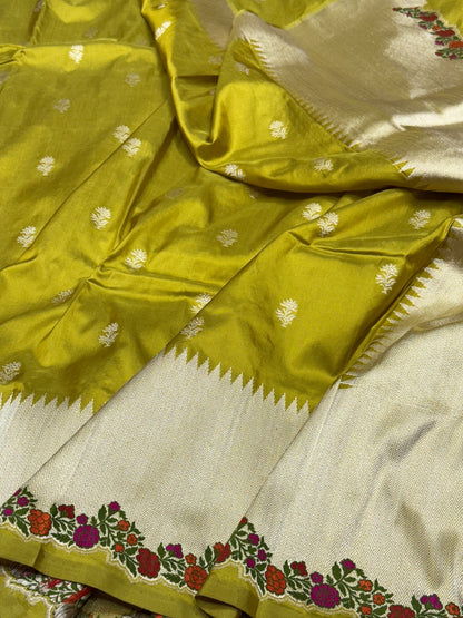 Mehndi Yellow Handwoven Banarasi Pure Katan Silk Saree