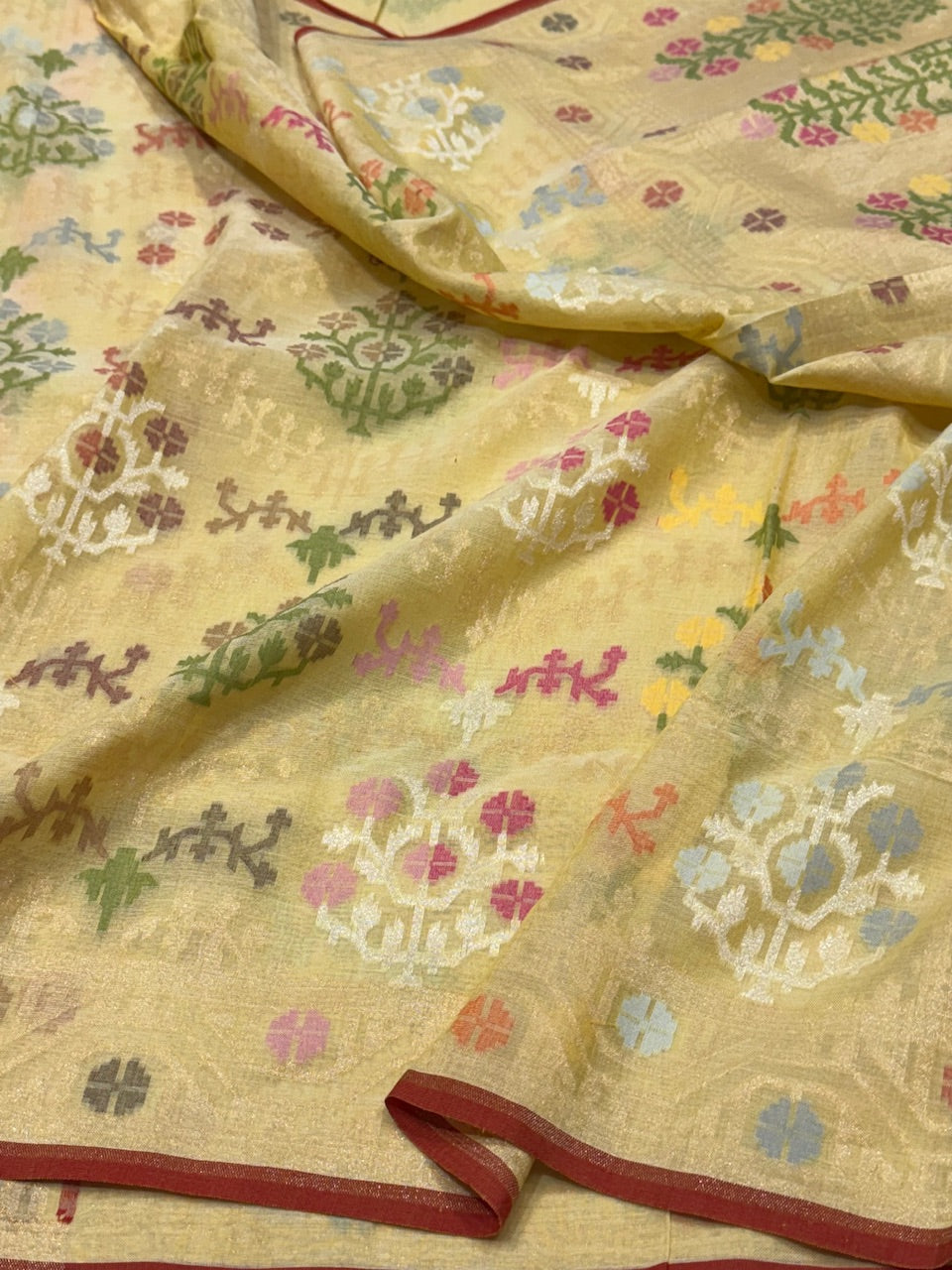 Lemon Yellow Pure Muslin Cotton Jamdani Saree