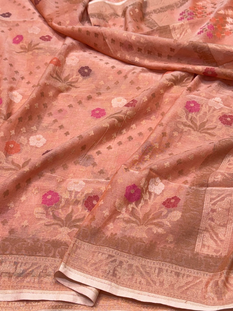 Peach Pure Muslin Cotton Jamdani Saree