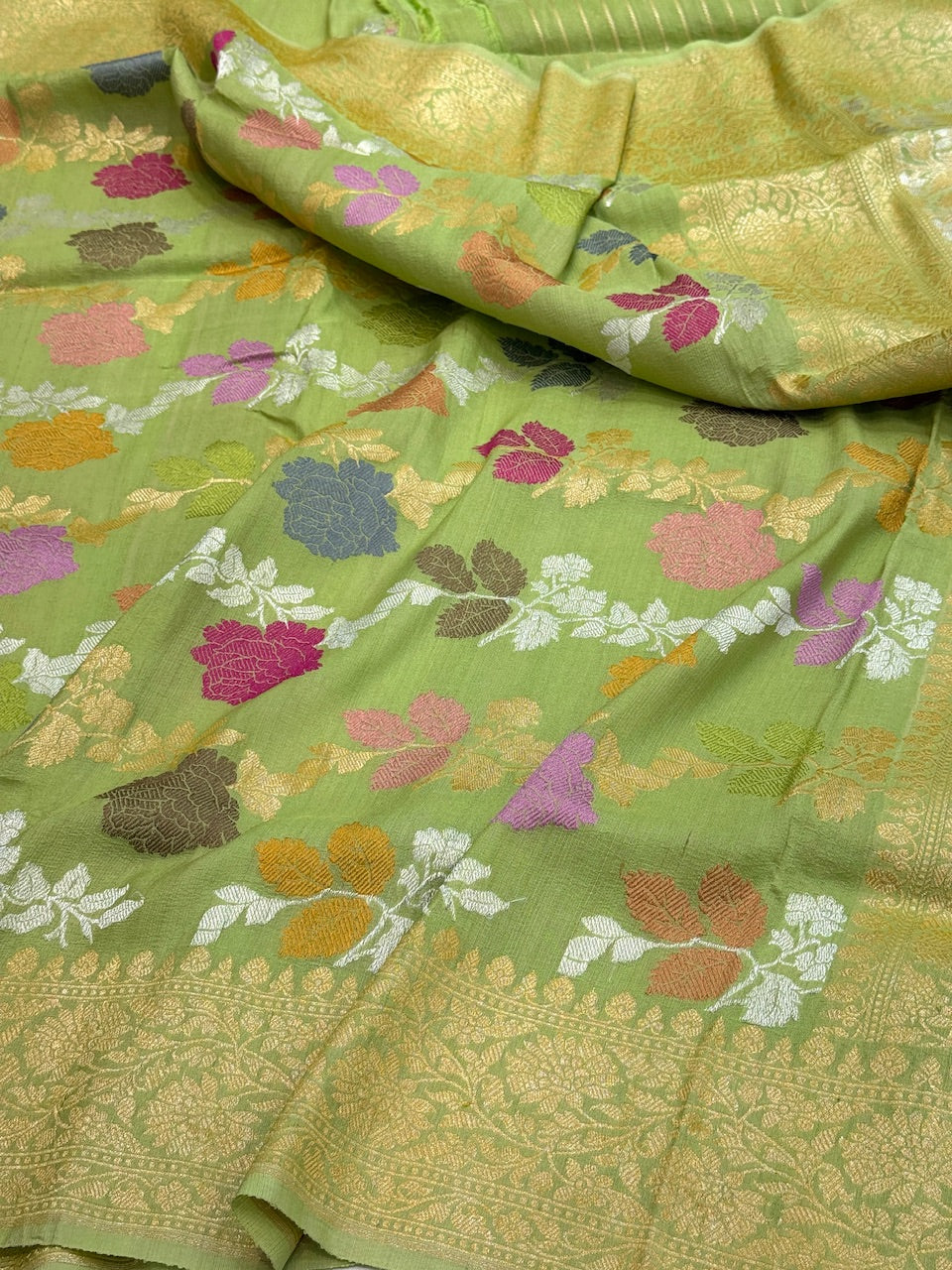 Pista Green Handwoven Tussar Georgette Saree