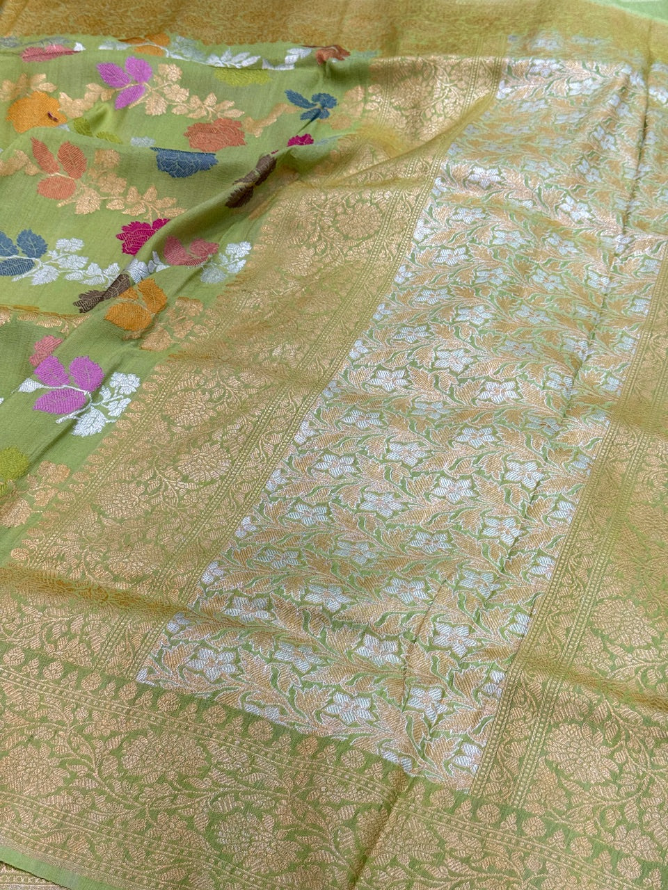 Pista Green Handwoven Tussar Georgette Saree